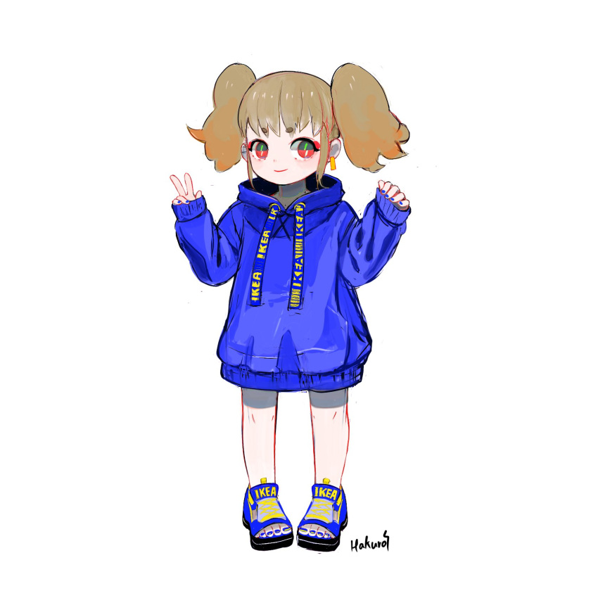 1girl bangs blue_footwear blue_hoodie blue_nails brown_hair drawstring earrings full_body hakuro96 hands_up highres ikea jewelry long_sleeves medium_hair nail_polish original red_eyes sandals short_eyebrows signature simple_background smile solo standing twintails w white_background