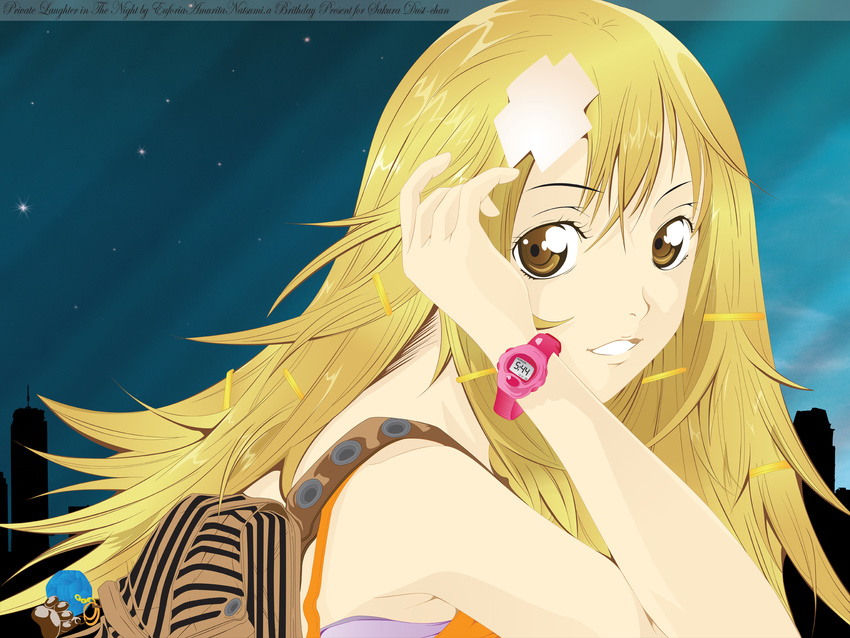 air_gear bag bare_shoulders barrette blonde_hair brown_eyes building buildings close-up close_up cross darkness female highres light long_hair looking_at_viewer night oh!_great oogure_ito open_mouth outdoors raised_hand sky skyscraper smile solo star stars strap sumeragi_kururu time watch