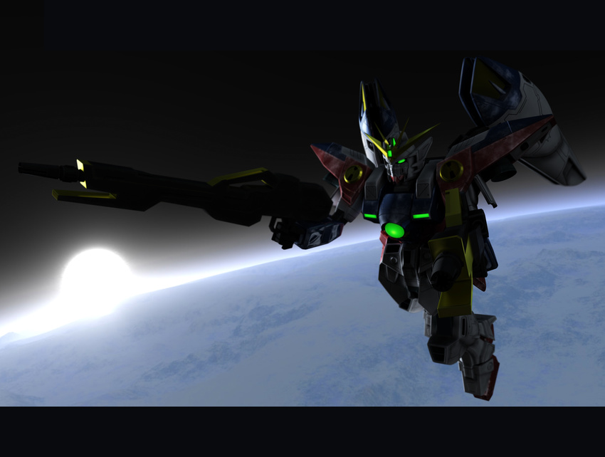 3d absurdres dual_wield dual_wielding earth gun gundam gundam_wing highres space sun weapon wing_gundam_zero