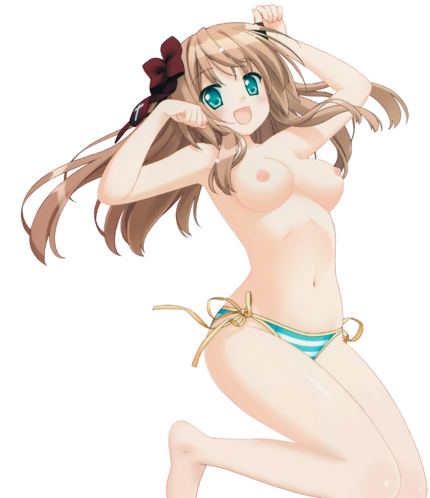 absurdres bikini blush breasts brown_hair female green_eyes highres jumping legs long_hair mayoi_neko_overrun! nipples nude_filter photoshop serizawa_fumino simple_background smile solo swimsuit thighs topless white_background