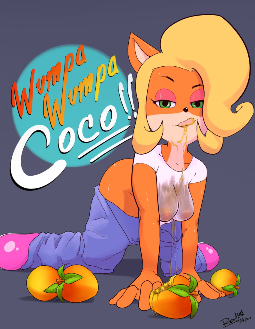 activision anthro areola breasts clothing coco_bandicoot crash_bandicoot_(series) eating female food fruit hi_res licking licking_lips plant robo-sama solo tongue tongue_out video_games wet wet_clothing wumpa_fruit