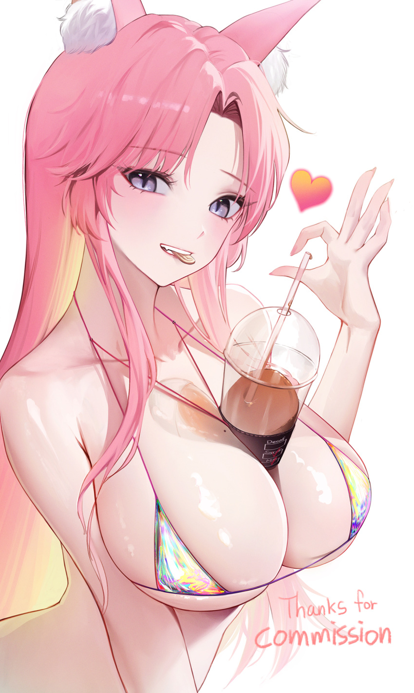 1girl animal_ear_fluff animal_ears between_breasts bikini breasts cleavage coffee commission cup disposable_cup fang fellatio fellatio_gesture heart highres large_breasts lichiko micro_bikini mole mole_on_breast mouth_hold oral original pink_hair purple_eyes sexually_suggestive simulated_paizuri skindentation solo strap_gap string_bikini swimsuit teeth thank_you upper_body