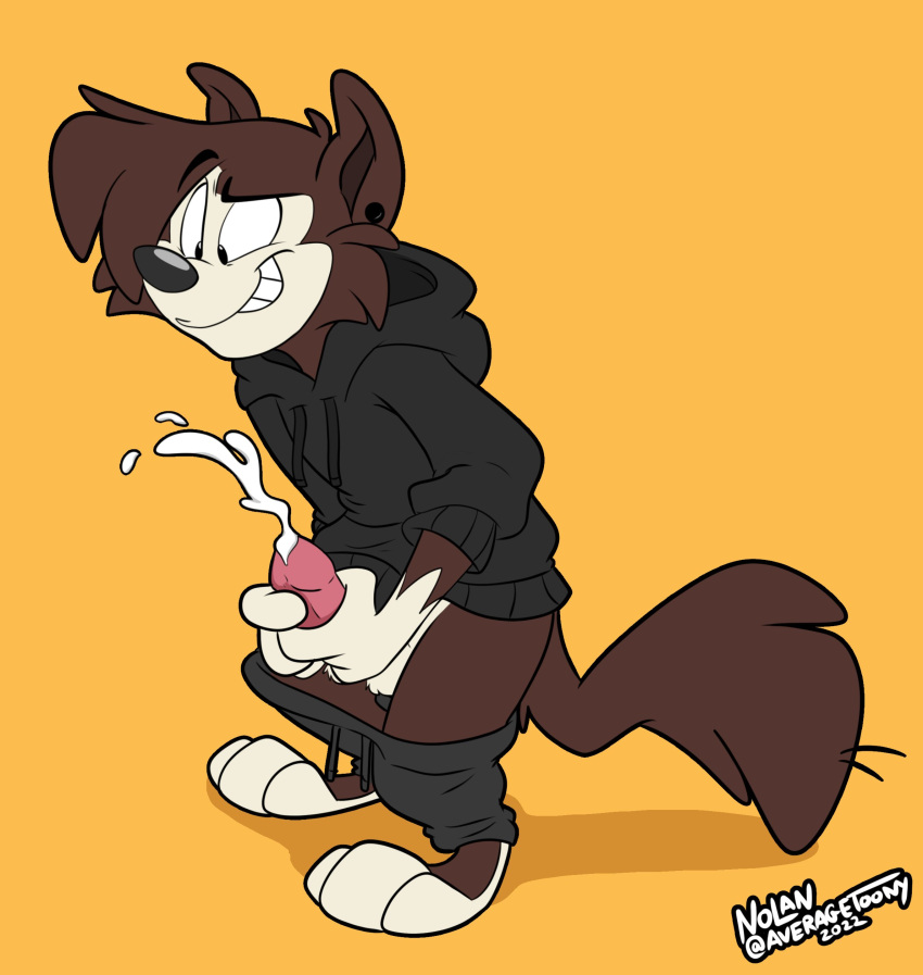absurd_res anthro averagetoony bodily_fluids bottomwear bottomwear_down canid canine canis clothed clothing cum domestic_dog ear_piercing ejaculation fan_character genital_fluids genitals hi_res hoodie humanoid_genitalia male mammal masturbation pants pants_down partially_clothed paws penis piercing simple_background smokingmutt solo topwear watermark