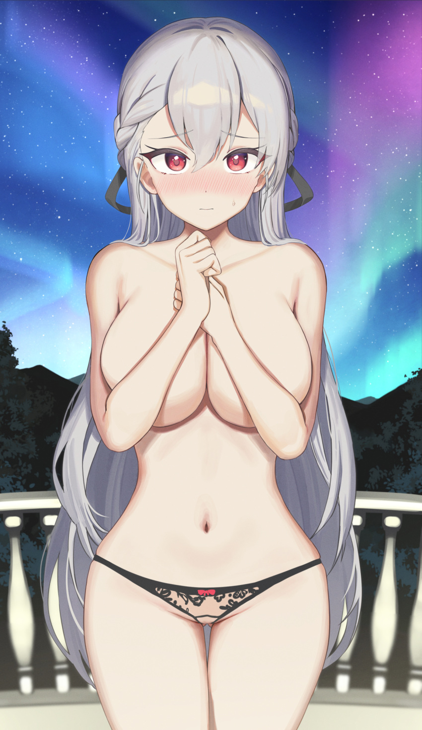 1girl absurdres ass_visible_through_thighs aurora balcony black_panties blush bow bow_panties braid breasts closed_mouth collarbone commission covering covering_breasts cowboy_shot french_braid grey_hair hair_between_eyes hands_up highres large_breasts linea_alba long_hair looking_at_viewer navel night original outdoors panties red_eyes straight-on thick_eyelashes thigh_gap topless twin_(tt_lsh) underwear very_long_hair wide_hips