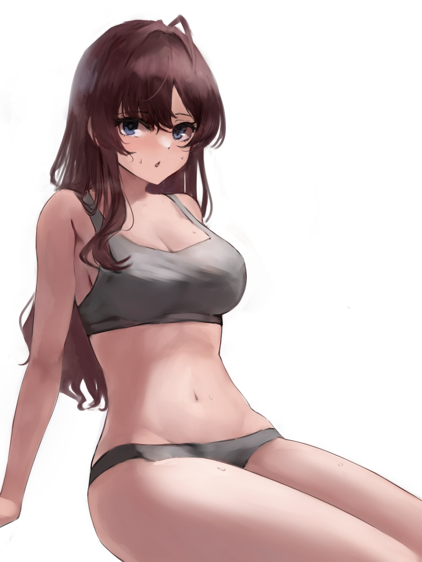 1girl :o absurdres ahoge arm_support breasts brown_hair cleavage groin highres ichinose_shiki idolmaster idolmaster_cinderella_girls lamp_p9 long_hair looking_at_viewer medium_breasts navel simple_background solo steam sweatdrop very_long_hair white_background