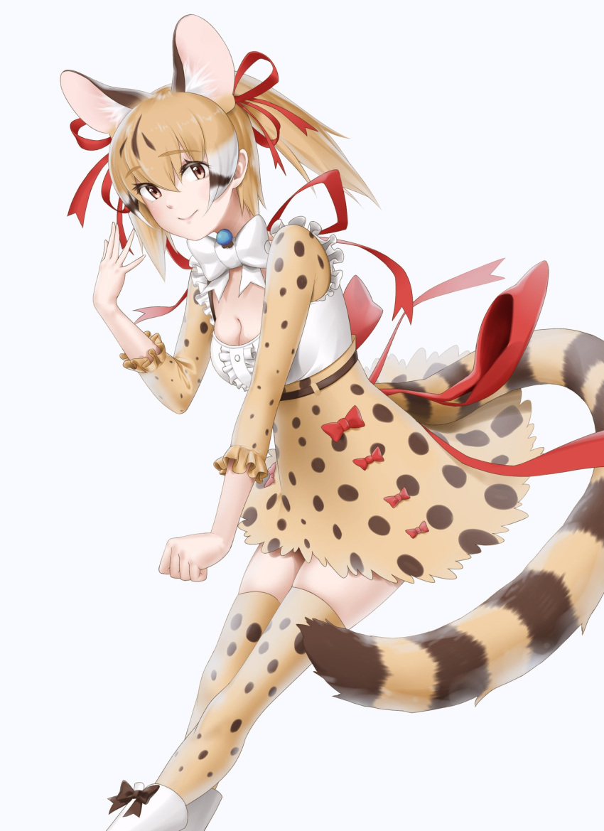 1girl animal_costume animal_ear_fluff animal_ears belt boots bow bowtie brown_eyes brown_hair cat_ears cat_girl cat_tail extra_ears highres kemono_friends kemono_friends_v_project kneehighs large-spotted_genet_(kemono_friends) long_hair looking_at_viewer losmal_indicus microphone multicolored_hair ribbon shirt simple_background skirt socks solo suspenders tail twintails virtual_youtuber