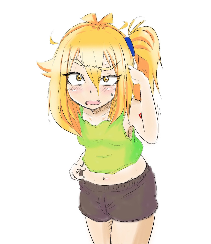 1girl akita_neru black_shorts blonde_hair blush commentary cowboy_shot green_tank_top hand_in_own_hair hand_up highres long_hair midriff navel raised_eyebrow scratching_stomach shorts shoulder_tattoo side_ponytail sketch smith_hioka solo standing tank_top tattoo vocaloid white_background yellow_eyes