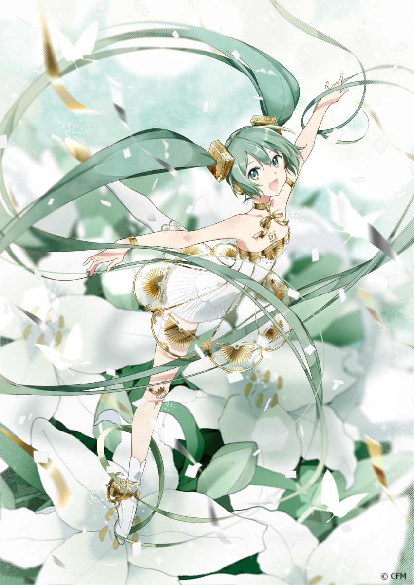 1girl :d absurdly_long_hair agonasubi ballerina ballet_slippers bangle bare_arms bracelet chest_tattoo commentary confetti dancing dress floating_hair flower gold_collar gold_trim gramophone_miku green_eyes green_hair hair_ornament hatsune_miku headphones highres jewelry leg_up lily_(flower) long_hair miku_symphony_(vocaloid) neck_ribbon official_art open_mouth outstretched_arms ribbon see-through see-through_dress smile solo standing standing_on_one_leg strapless strapless_dress tattoo tiptoes very_long_hair vocaloid white_dress white_flower white_footwear