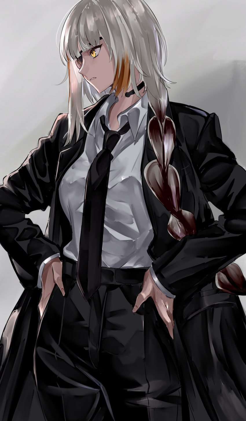 1girl absurdres black_pants braid cowboy_shot eyepatch formal girls'_frontline hands_on_hips highres long_hair looking_to_the_side m16a1_(boss)_(girls'_frontline) m16a1_(girls'_frontline) multicolored_hair mutugorou_u necktie pants sangvis_ferri shirt single_braid standing suit white_hair white_shirt yellow_eyes