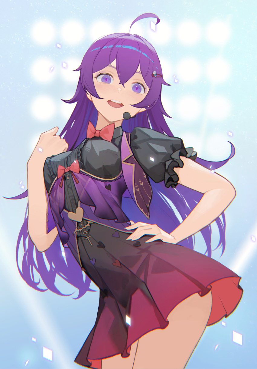 1girl :d absurdres ahoge black_shirt black_skirt blue_background bow bowtie breasts collared_shirt cowboy_shot gradient_skirt hand_on_hip highres long_hair looking_at_viewer microphone music original peter_pan_(adtc7243) puffy_short_sleeves puffy_sleeves purple_eyes purple_hair purple_vest red_bow red_bowtie red_skirt shirt short_sleeves singing skirt smile solo stage_lights teeth upper_teeth vest