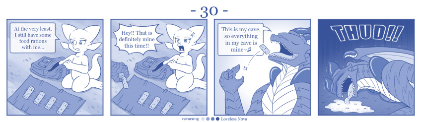 blue_and_white bodily_fluids comic detailed_background dialogue dragon duo english_text featureless_chest featureless_crotch female feral flat_chested hi_res horn kobold larger_feral male monochrome poison profanity size_difference smaller_female speech_bubble text vavacung vomit wings