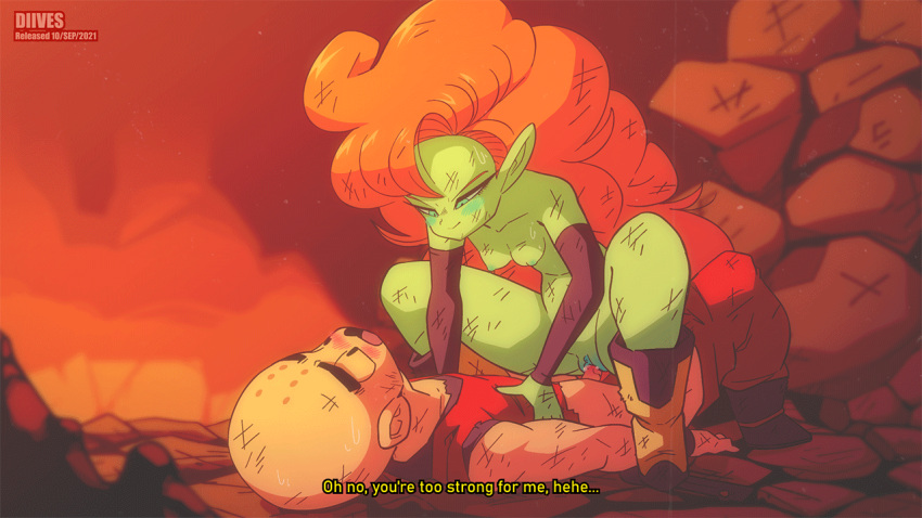 1boy 1girl animated animated_gif artist_name assertive_female bald battle_damage blush boots breasts closed_mouth clothes_pull colored_skin cowgirl_position detached_sleeves diives dragon_ball dragon_ball_z english_text girl_on_top green_eyes green_skin kuririn long_hair nipples nude open_mouth orange_hair pants pants_pull penis pointy_ears pussy sex smile spread_legs squatting squatting_cowgirl_position straddling subtitled torn_clothes uncensored vaginal very_long_hair zangya