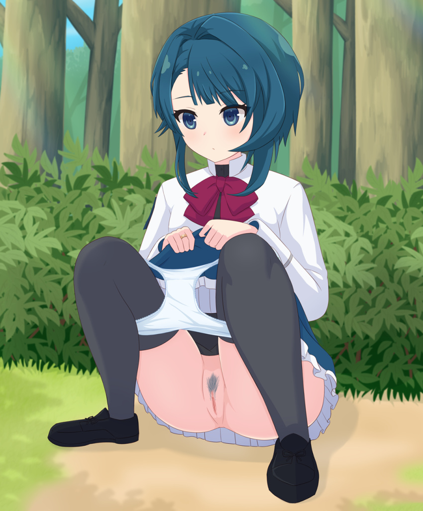 1girl :/ aizawa_kazuha assault_lily asymmetrical_hair bangs black_footwear black_shirt black_thighhighs blue_eyes blue_hair blue_pubic_hair blue_skirt blunt_bangs bow bowtie bush censored closed_mouth clothes_lift colored_pubic_hair commentary_request day female_pubic_hair forest frilled_skirt frills full_body hands_up haniwa_(kiminozorazio) herensuge_girls_academy_school_uniform highres jacket jewelry lifted_by_self light_blush long_sleeves looking_away medium_hair miniskirt mosaic_censoring nature outdoors panties panty_pull pubic_hair pussy red_bow red_bowtie ring school_uniform shirt shoes skirt skirt_lift solo squatting thighhighs tree underwear upskirt white_jacket white_panties