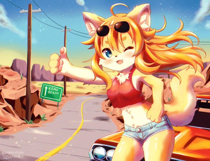 4_fingers ahoge anthro blue_eyes blush bottomwear breasts canid canine canis car chest_tuft clothed clothing crop_top denim desert domestic_dog english_text eyewear eyewear_on_head fangs female fingers fur gesture hair hi_res hitchhiking hotpants kemono leaning mammal navel one_eye_closed open_mouth orange_hair pawpads piporinton power_lines road shirt shorts sign solo sunglasses sunglasses_on_head sunset text thumbs_up topwear tuft vehicle wind yellow_body yellow_fur young