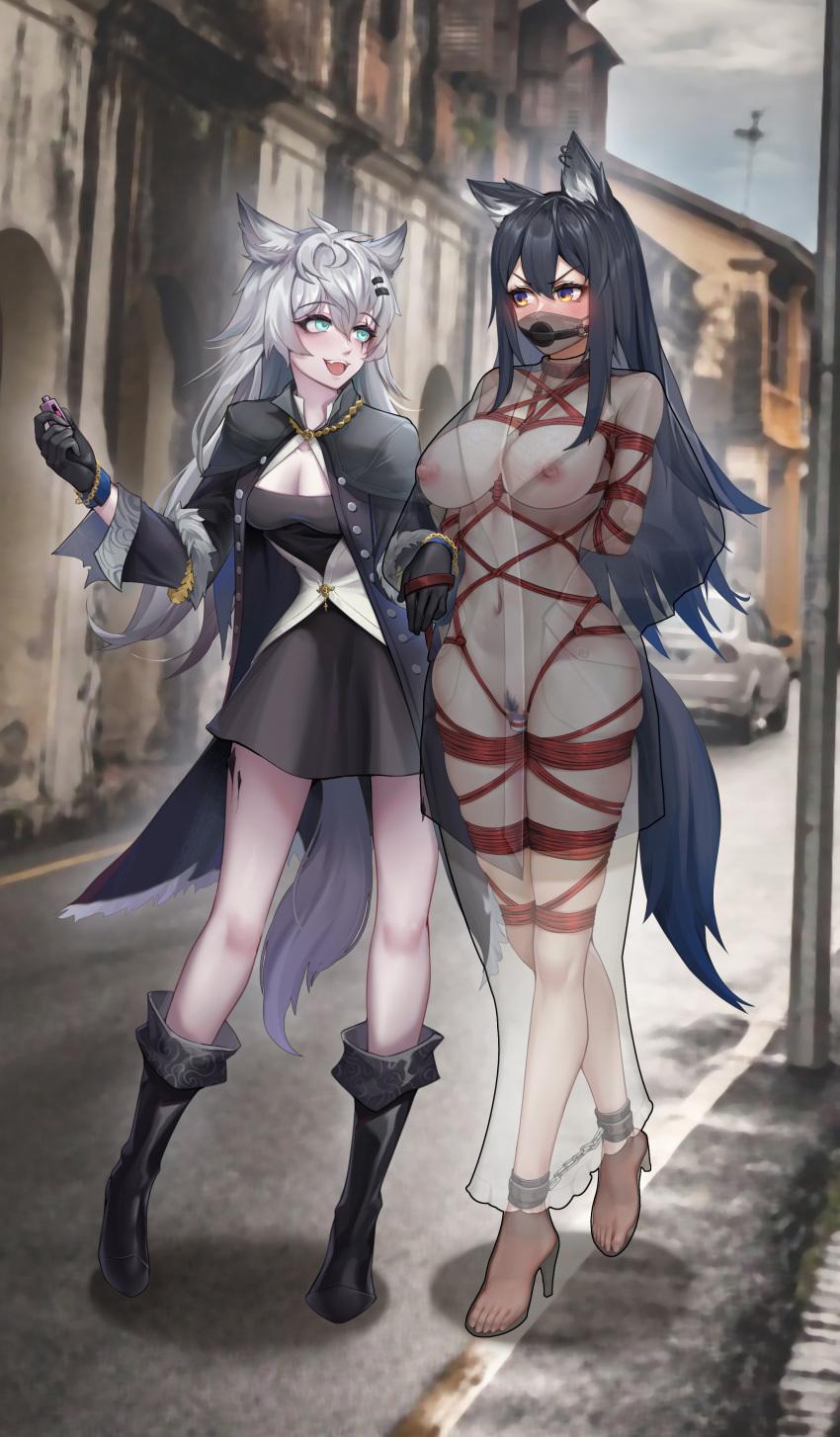 2girls :d absurdres animal_ears ankle_cuffs aqua_eyes arknights arms_behind_back ball_gag bangs bar_censor black_gloves black_hair blush boots bound bound_arms bracelet breasts car censored cleavage dildo earrings female_pubic_hair gag gins gloves ground_vehicle hair_ornament hairclip high_heels highres jewelry lappland_(arknights) long_hair mask motor_vehicle mouth_mask multiple_girls navel nipples object_insertion outdoors pubic_hair scar scar_across_eye sex_toy shibari smile stealth_bondage tail texas_(arknights) vaginal vaginal_object_insertion white_hair wolf_ears wolf_tail x-ray yellow_eyes