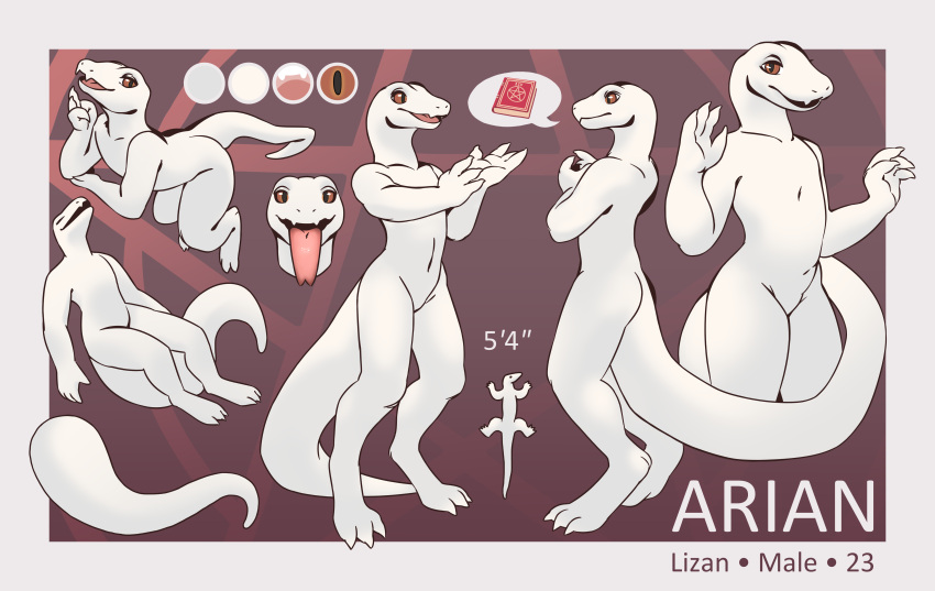 4_fingers absurd_res albino anthro arian_(coc) auburn_eyes claws corruption_of_champions digitigrade fingers hi_res lizard long_tail looking_at_viewer male model_sheet nude open_mouth orange_eyes reptile scales scalie simple_background smile solo standing text tongue tongue_out white_body white_scales