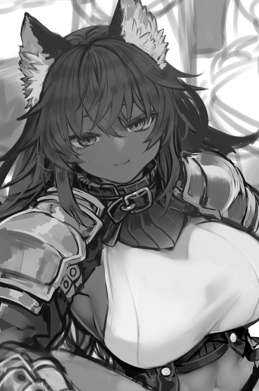 1girl :t animal_ears armor breasts closed_mouth dark-skinned_female dark_skin eating greyscale highres irii_(komota_(kanyou_shoujo)) komota_(kanyou_shoujo) large_breasts long_hair looking_at_viewer midriff monochrome original pauldrons shoulder_armor sketch smile solo upper_body