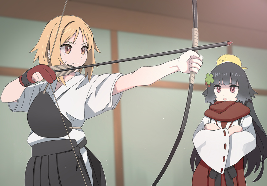 2girls archery arrow_(projectile) bangs black_hair black_hakama blonde_hair bow_(weapon) closed_mouth commission crossed_arms girls'_frontline gloves hakama hakama_skirt holding holding_bow_(weapon) holding_weapon japanese_clothes kyuudou miko mp40_(girls'_frontline) multiple_girls muneate official_alternate_costume partially_fingerless_gloves pixiv_request red_eyes red_scarf scarf short_hair single_glove skirt tab_(tabkun) tasuki triangle_mouth type_100_(girls'_frontline) type_100_(gunslinger_miko)_(girls'_frontline) weapon yellow_eyes yugake yumi_(bow)