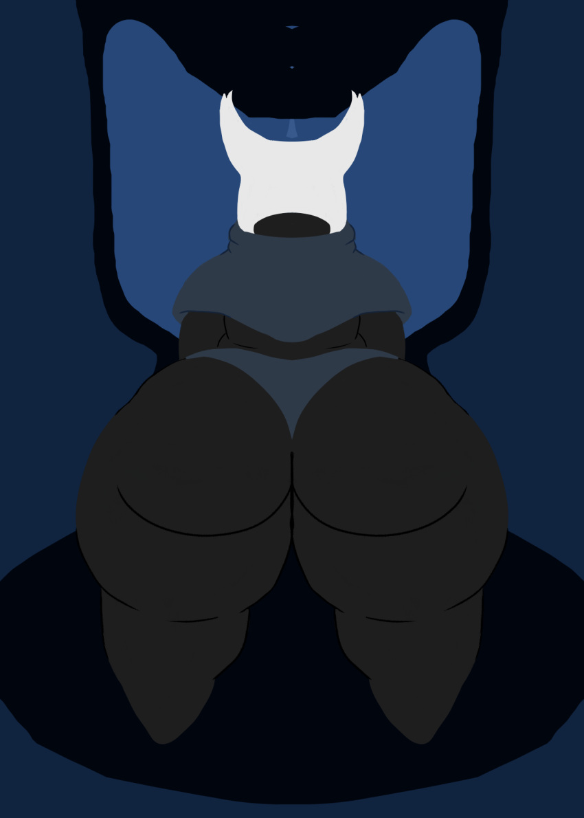 ambiguous_gender anthro arthropod big_butt black_body blue_background butt cloak clothing digital_drawing_(artwork) digital_media_(artwork) gender_nonconforming hi_res hollow_knight insect lineless nauiho rear_view scenery simple_background solo team_cherry thick_thighs thong underwear vessel_(species) video_games voove