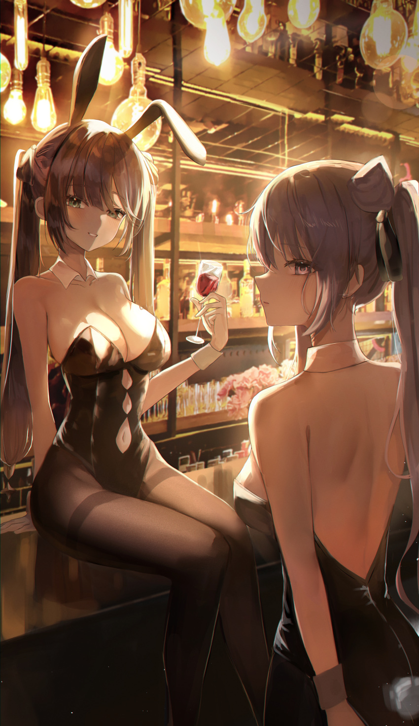 2girls absurdres animal_ears arms_behind_back bangs bar_(place) bare_shoulders black_leotard breasts brown_hair brown_pantyhose chabi clothing_cutout collar collarbone cup detached_collar drinking_glass genshin_impact green_eyes grey_hair hanging_light high_ponytail highres holding holding_cup indoors keqing_(genshin_impact) large_breasts leotard long_hair looking_at_viewer mona_(genshin_impact) multiple_girls navel_cutout open_mouth pantyhose playboy_bunny rabbit_ears rabbit_tail sidelocks sitting sitting_on_table smile standing strapless strapless_leotard tail teeth white_collar wine_glass yellow_eyes