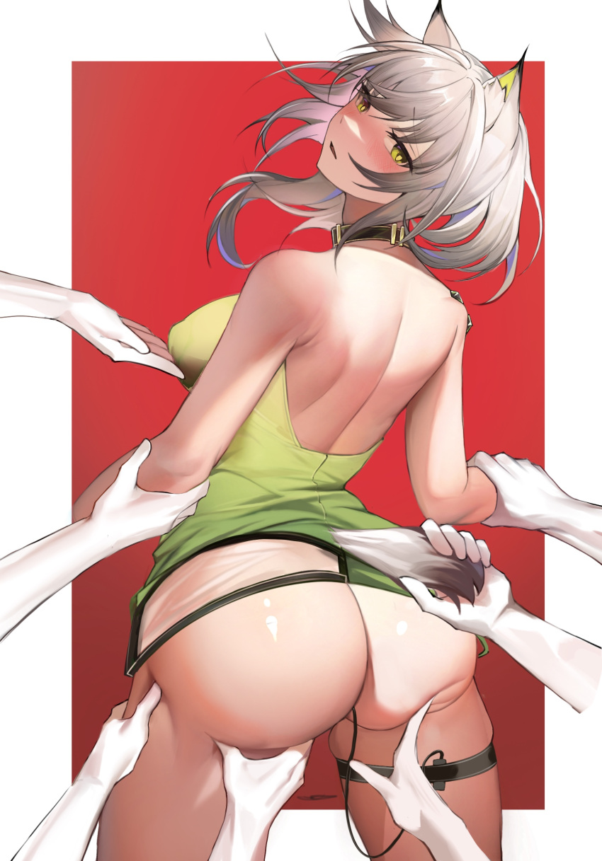 1girl animal_ears arknights ass backless_dress backless_outfit bare_back bare_shoulders black_choker breasts cat_ears cat_tail chinese_commentary choker clothes_lift commentary_request cowboy_shot dress dress_lift green_dress green_eyes highres kal'tsit_(arknights) large_breasts no_panties oripathy_lesion_(arknights) pencil_dress revision sex_toy short_hair solo_focus standing tabayashi tail thigh_strap thighs vibrator white_hair