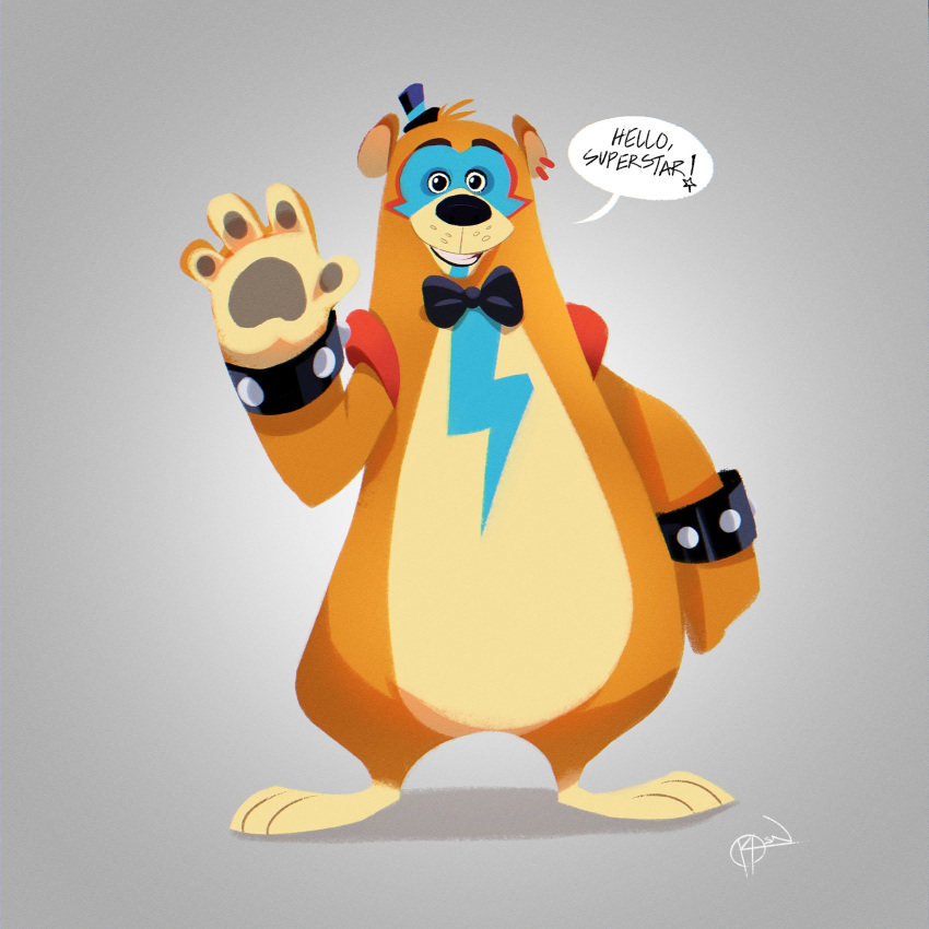 1:1 2022 4_fingers anthro anthrofied barefoot biped black_eyes black_nose bow_tie bracelet clothing dialogue digital_drawing_(artwork) digital_media_(artwork) ear_piercing english_text eyebrows eyelashes eyeshadow feet fingers five_nights_at_freddy's five_nights_at_freddy's:_security_breach fur gesture glamrock_freddy_(fnaf) grey_background hat headgear headwear hi_res jewelry krossan_(artist) looking_at_viewer makeup male mammal multicolored_body multicolored_fur paws pear-shaped_figure piercing scottgames signature simple_background small_hat smile solo speech_bubble standing talking_to_viewer tan_body tan_fur text toony top_hat two_tone_body two_tone_fur ursid video_games waving waving_at_viewer wide_hips