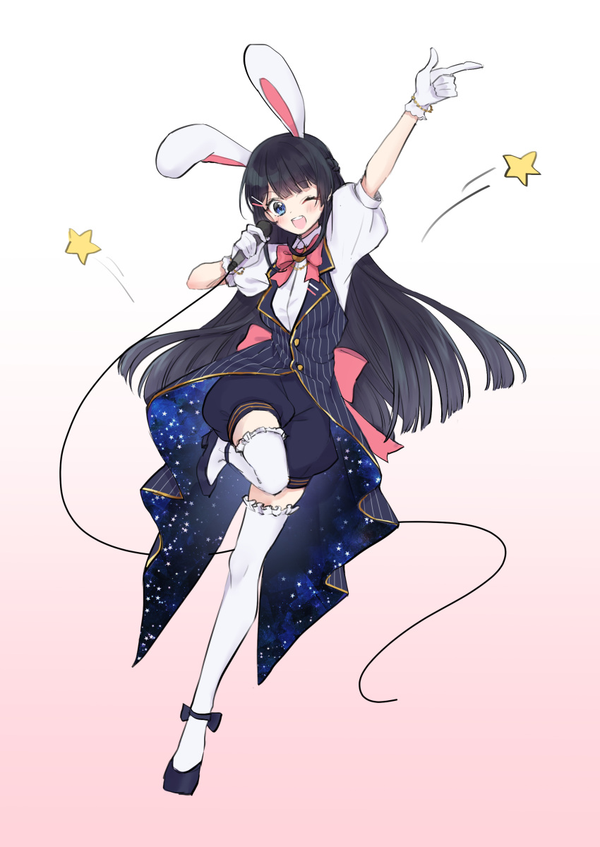 1girl absurdres alternate_costume animal_ears arm_up back_bow black_hair black_pants black_shoes blue_eyes bow bowtie braid coattails commentary fake_animal_ears finger_gun full_body gloves gradient_background hair_ornament hairclip highres holding holding_microphone idol_clothes lapels long_hair looking_at_viewer microphone nijisanji one_eye_closed open_mouth pants pink_bow pink_bowtie puffy_short_sleeves puffy_sleeves rabbit_ears rindou_mikoto_(artist) shirt shoes short_sleeves smile solo standing standing_on_one_leg star_(symbol) striped_clothes striped_vest tailcoat thighhighs tsukino_mito two-sided_vest vertical-striped_clothes vertical-striped_vest vest virtual_youtuber white_gloves white_shirt white_thighhighs