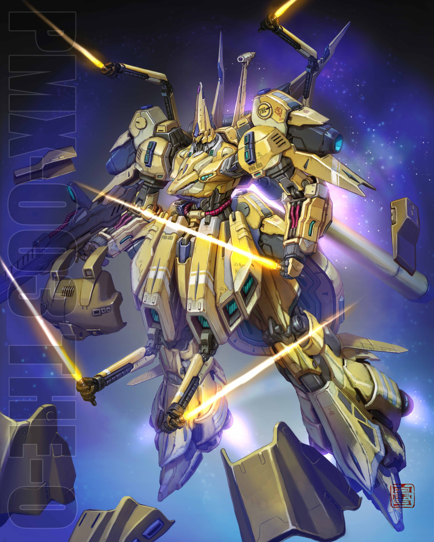 absurdres beam_saber character_name extra_arms flying full_body gundam highres holding holding_sword holding_weapon maeda_hiroyuki mecha mobile_suit no_humans purple_eyes redesign robot science_fiction space sword the_o weapon zeta_gundam