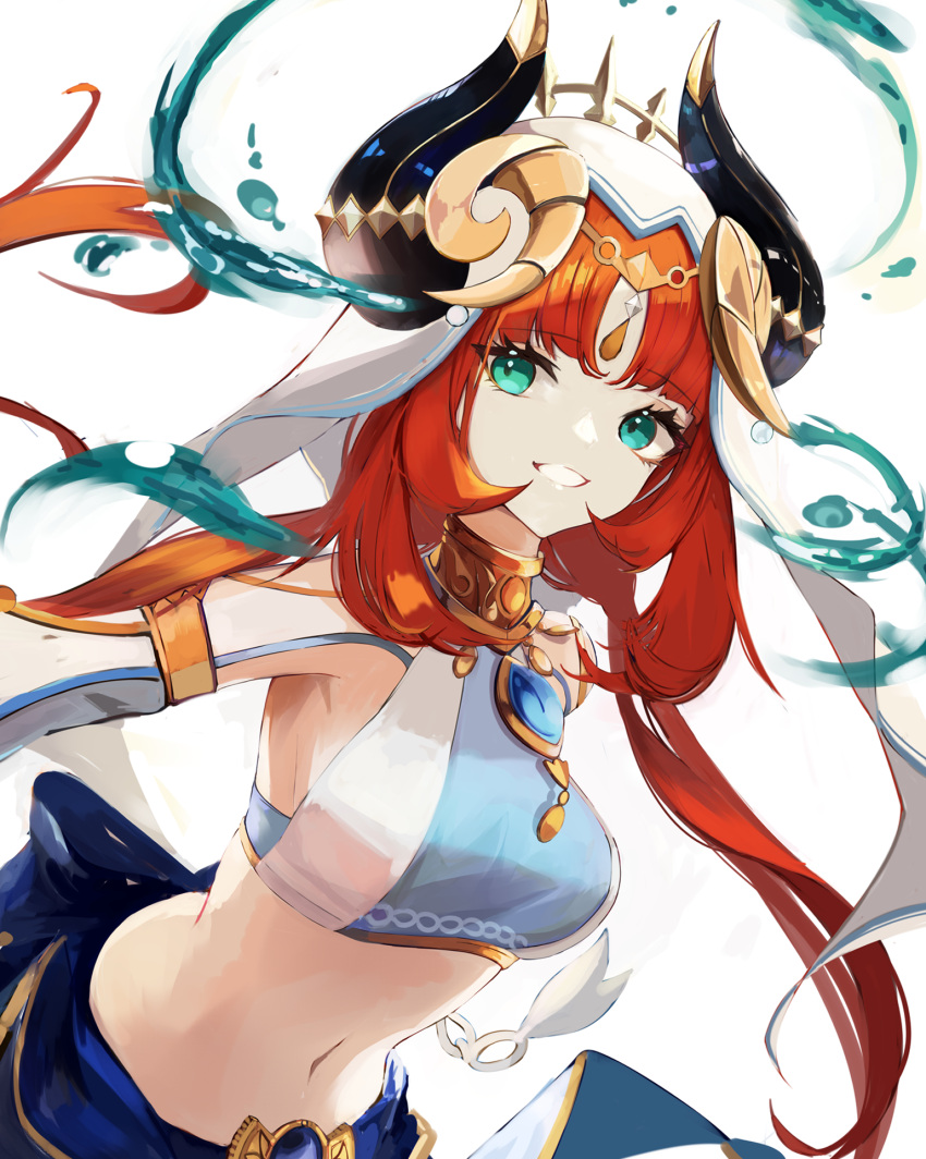 1girl aqa bangs bow breasts cowboy_shot crop_top dancer gem genshin_impact green_eyes grin harem_outfit highres horns large_breasts leaning_forward long_hair long_sleeves looking_at_viewer low_twintails navel nilou_(genshin_impact) red_hair simple_background smile solo stomach teeth twintails veil water white_background