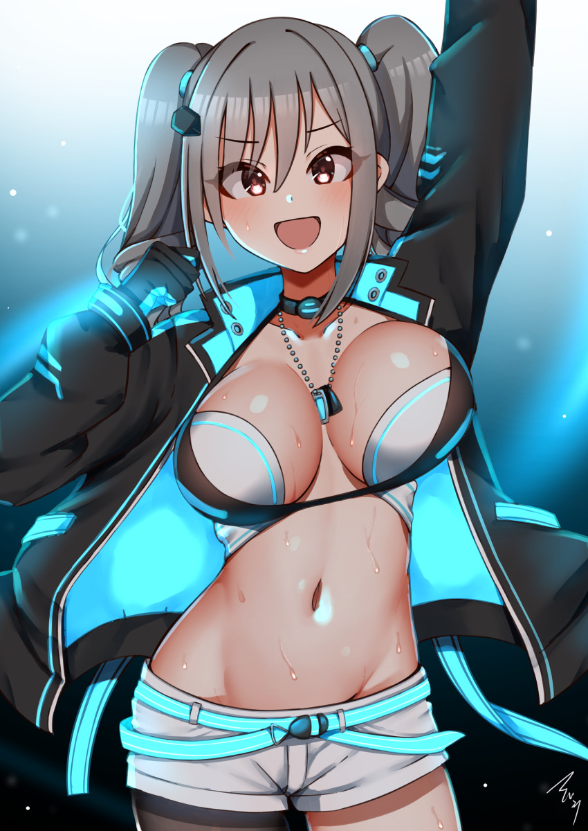 1girl :d absurdres arm_up black_gloves black_thighhighs blush breasts drill_hair gloves grey_hair highres idolmaster idolmaster_cinderella_girls jacket jewelry kanzaki_ranko mabanna navel necklace open_mouth purple_eyes shorts smile solo sweat thighhighs twin_drills