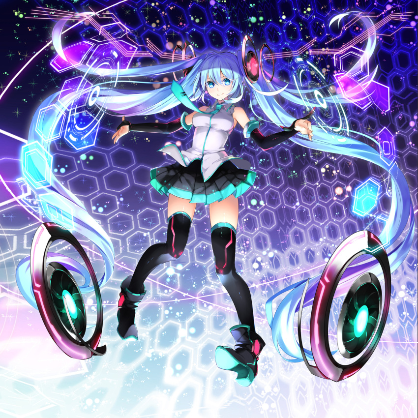 1girl aqua_eyes aqua_hair bangs black_footwear black_skirt black_thighhighs breasts detached_sleeves hair_ornament hatsune_miku highres long_hair looking_at_viewer necktie official_art outstretched_arms skirt smile spread_arms thighhighs twintails very_long_hair vocaloid yuuki_kira