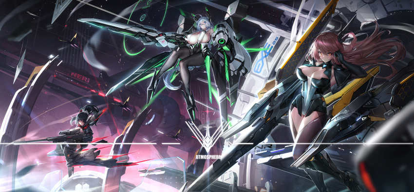 3girls black_gloves black_hair black_pantyhose breast_curtains breasts brown_eyes brown_hair cleavage covered_nipples cyborg dk.senie elbow_gloves floating_hair flying from_side gloves grey_hair gun headgear high_heels highres holding holding_gun holding_weapon huge_breasts large_breasts long_hair mechanical_arms mechanical_legs multiple_girls original pantyhose rifle science_fiction semi-rimless_eyewear sniper_rifle thigh_strap very_long_hair weapon