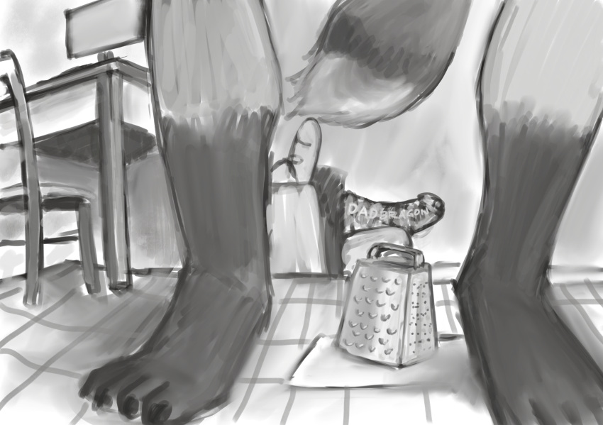 2022 alexyorim chair cheese_grater desk digital_media_(artwork) digital_painting_(artwork) dildo feet furniture grocery_bag hi_res lowered_tail male mammal monitor monochrome procyonid raccoon sex_toy solo table