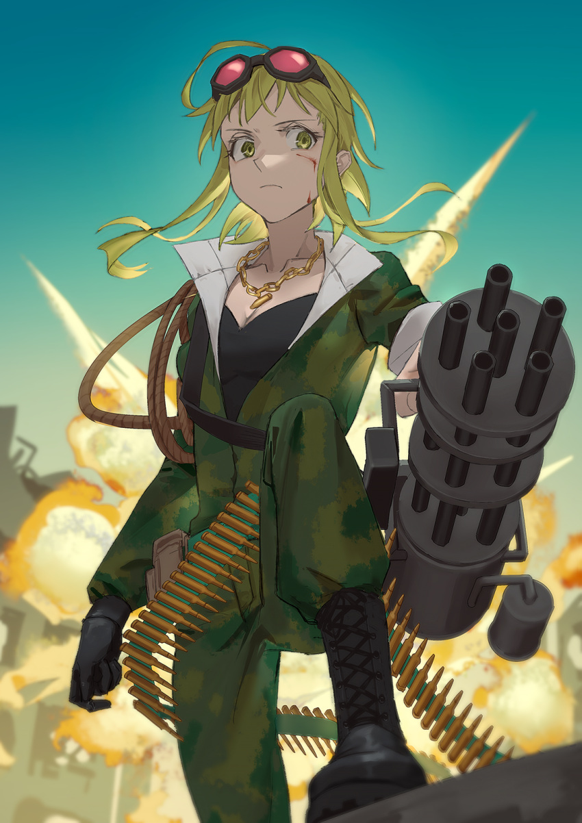 1girl ammunition ammunition_belt backlighting black_footwear black_gloves blood blood_on_face bokura_no_16bit_warz_(vocaloid) boots bullet_necklace camouflage camouflage_jacket camouflage_pants chain_necklace commentary cross-laced_footwear cuts explosion frown gloves goggles goggles_on_head green_eyes green_hair gumi gun highres holding holding_gun holding_weapon injury jacket jewelry lace-up_boots machine_gun medium_hair necklace outdoors pants red_goggles ruins sky solo vocaloid weapon wounds404