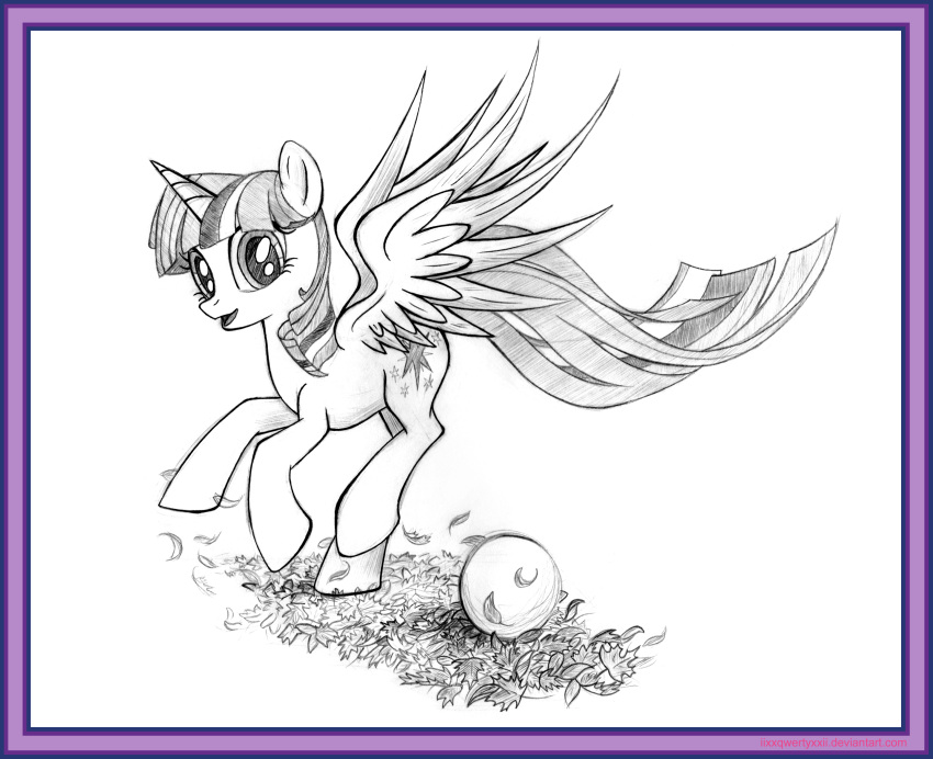 2015 absurd_res ball border cutie_mark equid equine female feral friendship_is_magic graphite_(artwork) hair hasbro hi_res hooves horn horse leaf leaves_on_ground long_tail looking_at_viewer mammal monochrome my_little_pony open_mouth pencil_(artwork) pony princess_twilight_sparkle_(mlp) purple_border quadruped raised_hoof raised_leg_over_edge simple_background solo spread_wings text traditional_media_(artwork) twilight_sparkle_(mlp) uminanimu url white_background winged_unicorn wings