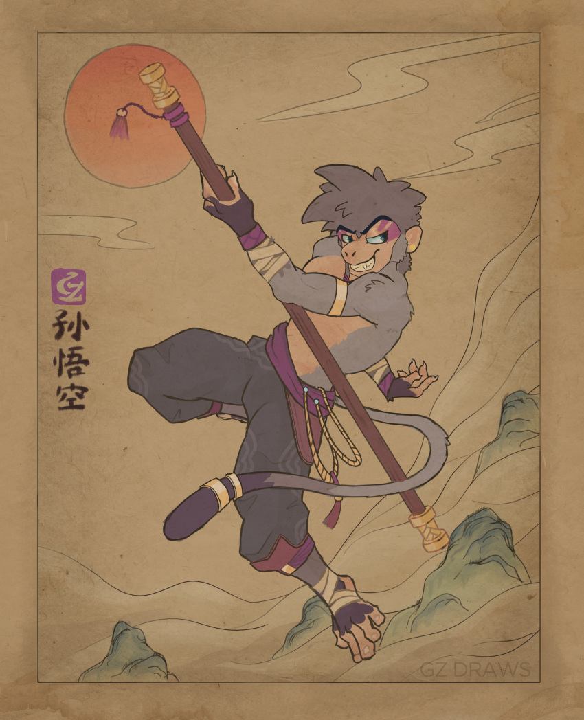 absurd_res accessory anthro bandage bandaged_feet fangs fighting_pose fur furgonomics green_eyes grey_body grey_fur gz_draws haplorhine hi_res humanoid jason_(gzdraws) male mammal monkey oriental piercing pose primate simple_background skinny smile solo tail_accessory weapon wukong