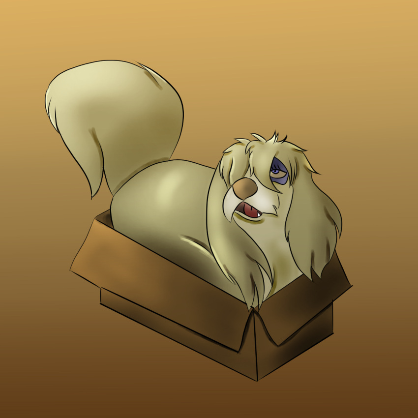 anthro blackliquidsorrow box canid canine canis container disney domestic_dog female fluffy gradient_background hi_res lady_and_the_tramp makeup mammal open_mouth peg_(disney) simple_background solo