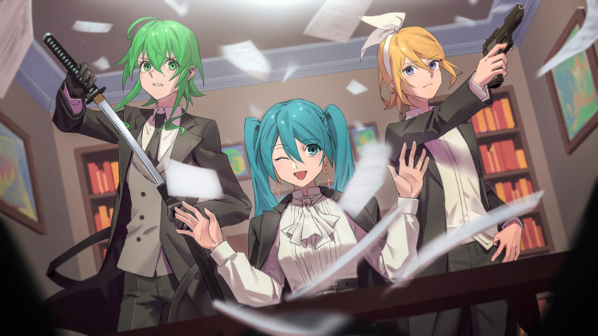 3girls ahoge aqua_hair black_gloves black_jacket black_necktie black_pants blonde_hair blue_eyes blurry blurry_foreground bookshelf bow bow_hairband clenched_teeth commentary cross cross_earrings drawing_sword dress_shirt earrings formal gloves green_eyes green_hair grey_vest gumi gun hair_bow hairband hands_up hatsune_miku highres holding holding_gun holding_sheath holding_sword holding_weapon indoors jacket jacket_on_shoulders jewelry kagamine_rin katana long_hair looking_at_viewer medium_hair multiple_girls neckerchief necktie one_eye_closed open_mouth outstretched_arm painting_(object) pants paper sheath shelf shirt sidelocks smile suit sword table teeth twintails v-shaped_eyebrows vest vocaloid weapon white_bow white_neckerchief white_shirt wounds404