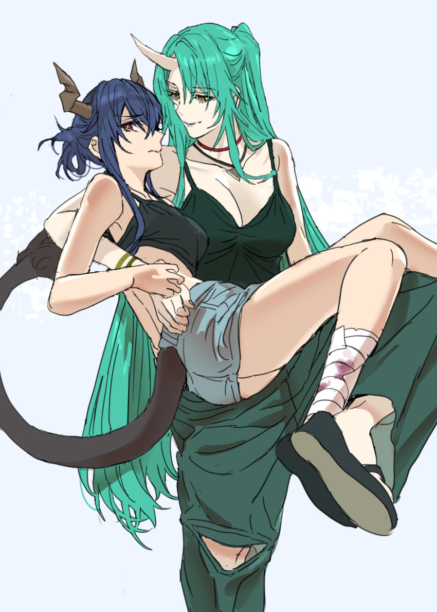2girls arknights bandaged_leg bandages bangs bare_shoulders black_tank_top blue_hair blue_shorts bracelet breasts carrying ch'en_(arknights) cleavage crop_top dragon_girl dragon_horns dragon_tail green_hair green_pants green_tank_top highres horns hoshiguma_(arknights) jewelry large_breasts looking_at_another multiple_girls necklace nobita_(makoto7060355) official_alternate_costume oni_horns pants princess_carry red_eyes shorts single_horn skin-covered_horns smile tail tank_top white_background yellow_eyes yuri