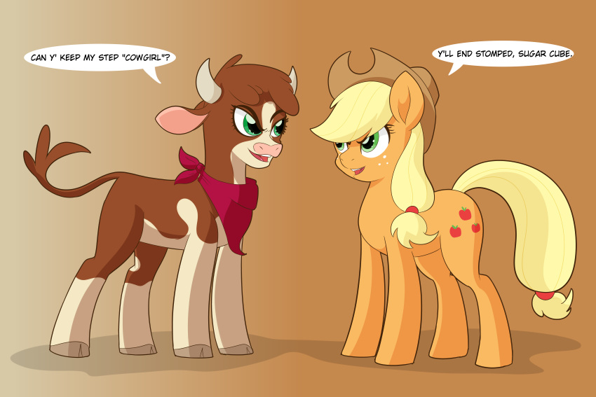 2019 2_horns absurd_res applejack_(mlp) arizona_cow_(tfh) black_eyebrows blonde_hair bovid bovine brown_body brown_fur brown_hair brown_tail cattle clothing cowboy_hat crossover cutie_mark dialogue digital_drawing_(artwork) digital_media_(artwork) duo earth_pony english_text equid equine eyebrows eyelashes female feral friendship_is_magic fur gradient_background green_eyes hair hasbro hat headgear headwear hereford_cattle hi_res hooves horn horse imminent_fight kerchief mammal multicolored_body multicolored_fur my_little_pony neckerchief open_mouth open_smile orange_body orange_fur pink_nose pony prange_fur quadruped red_kerchief red_neckerchief simple_background smile standing superabsurd_res talking_to_another tan_body tan_fur text them's_fightin'_herds two_tone_body two_tone_fur yellow_tail