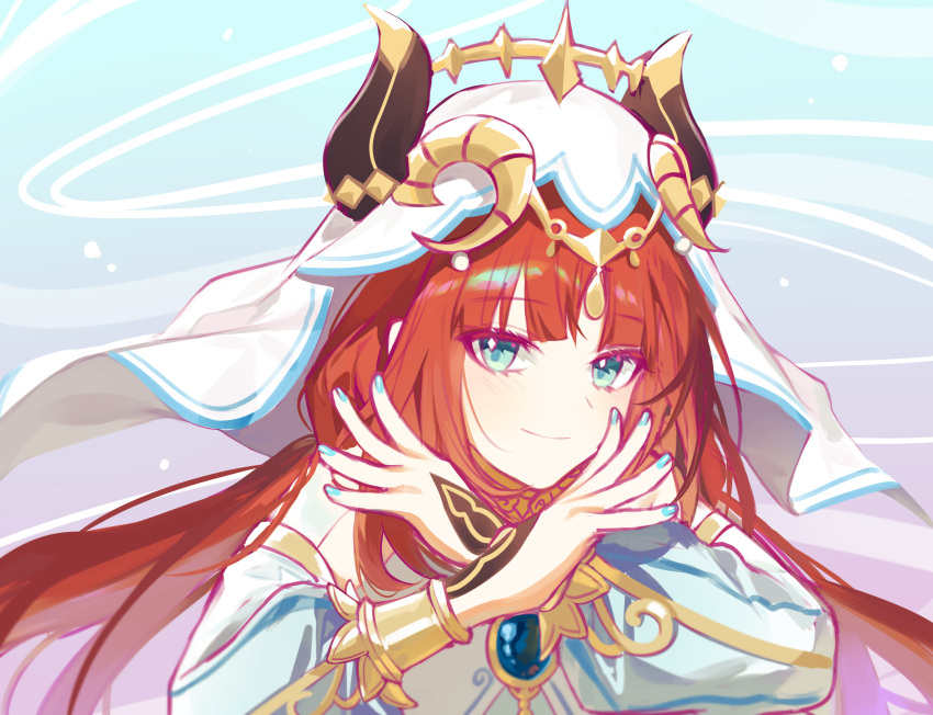 1girl arabian_clothes bangs bare_shoulders blue_gemstone blue_nails blunt_bangs blush breasts brooch closed_mouth commentary_request curled_horns dancer dancing detached_sleeves eyelashes fake_horns gem genshin_impact gold_trim hand_up harem_outfit headdress headpiece highres hood horns jewelry long_hair long_sleeves looking_at_viewer low_twintails nail_polish necklace nilou_(genshin_impact) puffy_long_sleeves puffy_sleeves red_hair sidelocks smile solo sp0i0ppp twintails upper_body veil x_arms