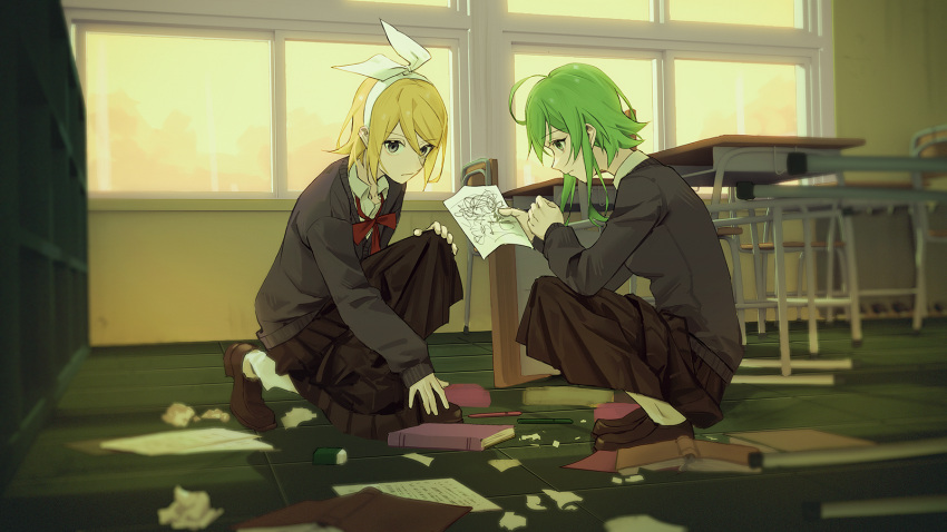 black_skirt blonde_hair blue_eyes book bow bow_hairband cardigan chair commentary crumpled_paper desk dusk green_eyes green_hair grey_cardigan gumi hair_bow hairband highres holding holding_paper indoors kagamine_rin long_skirt medium_hair neck_ribbon paper pen picking_up pleated_skirt red_ribbon ribbon school_uniform scribble shelf short_hair sidelocks skirt squatting vocaloid white_bow window wounds404