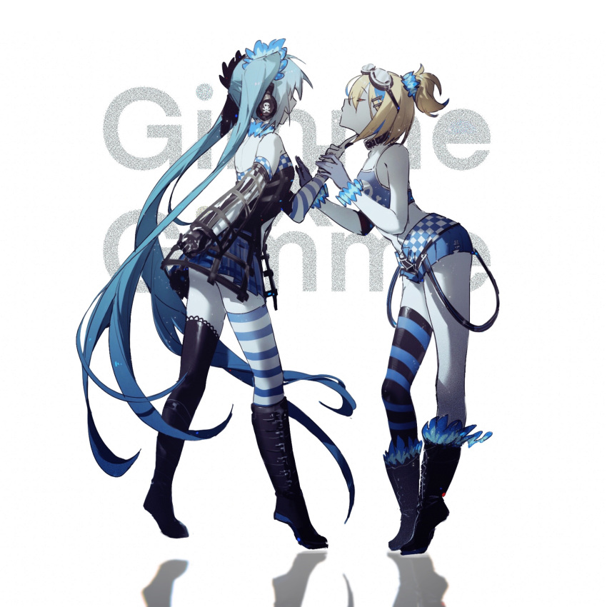 2girls aqua_hair asymmetrical_legwear background_text bangs black_footwear blonde_hair burning_stone_(module) closed_eyes commentary gimmexgimme_(vocaloid) hand_on_another's_chin hatsune_miku highres holding_hands kagamine_rin konya_karasue long_hair looking_at_another magical_mirai_(vocaloid) multiple_girls project_diva_(series) project_diva_x reflection rockin_stone_(module) short_hair simple_background song_name twintails very_long_hair vocaloid white_background