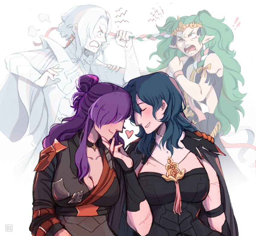 1other 3girls angry arval_(fire_emblem) blue_hair braid breasts byleth_(fire_emblem) byleth_(fire_emblem)_(female) cleavage couple fire_emblem fire_emblem:_three_houses fire_emblem_warriors:_three_hopes forehead-to-forehead grabbing_another's_hair green_hair hair_ribbon heads_together heart highres koobiie long_hair multiple_girls pointy_ears purple_hair ribbon scar shez_(fire_emblem) shez_(fire_emblem)_(female) smile sothis_(fire_emblem) tiara upper_body very_long_hair white_hair yuri