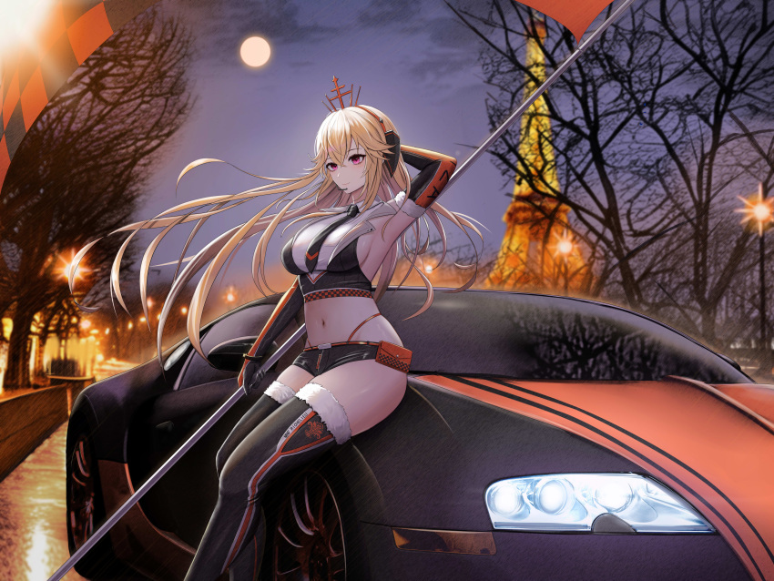 1girl absurdres alternate_costume arm_behind_head arm_up armpits ass azur_lane backless_outfit bag bangs bare_shoulders bare_tree black_gloves black_necktie black_shorts black_thighhighs blonde_hair bracelet breasts bugatti bugatti_veyron building car character_name checkered_clothes checkered_flag city city_lights closed_mouth clothes_writing cloud cloudy_sky commentary crop_top cross crown eiffel_tower elbow_gloves feet_out_of_frame flag france from_side fur-trimmed_gloves fur-trimmed_thighhighs fur_trim gloves ground_vehicle hair_between_eyes hair_ornament hairband halterneck headset highres holding holding_flag iris_libre_(emblem) jewelry kcar66t lamppost large_breasts long_hair looking_at_viewer lowleg lowleg_pants midriff motor_vehicle navel necktie night orange_gloves outdoors pants paris pink_eyes product_placement race_queen real_world_location revision richelieu_(azur_lane) road shirt short_shorts shorts sideboob sidelocks sitting sitting_on_car sky smile solo sports_car stomach street text_print thighhighs thighs thong tight tree two-tone_gloves very_long_hair white_shirt wind wind_lift