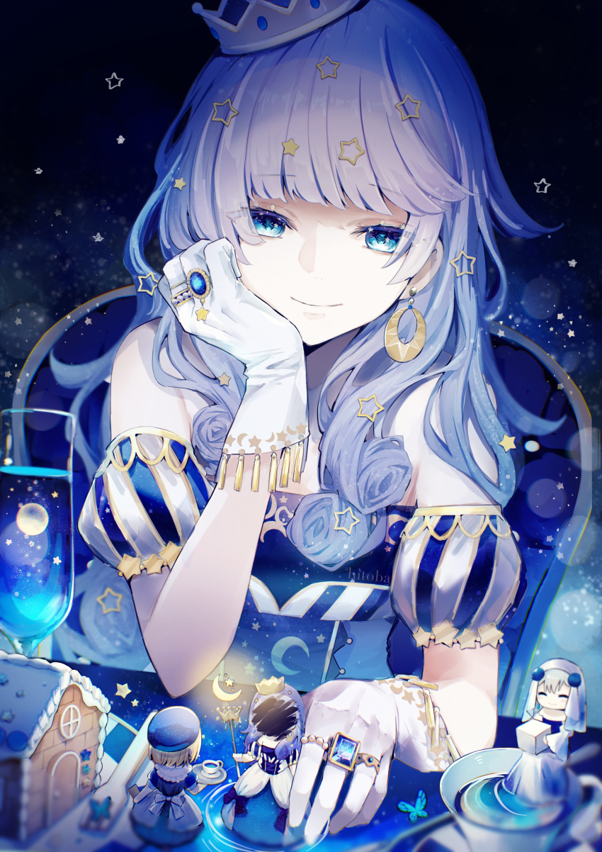 1girl absurdres blue_eyes blue_hair blue_theme chair closed_mouth crown cup doll drinking_glass earrings gloves hand_on_own_face highres hitoba jewelry looking_at_viewer original ring smile star_(symbol) toy_house white_gloves witch