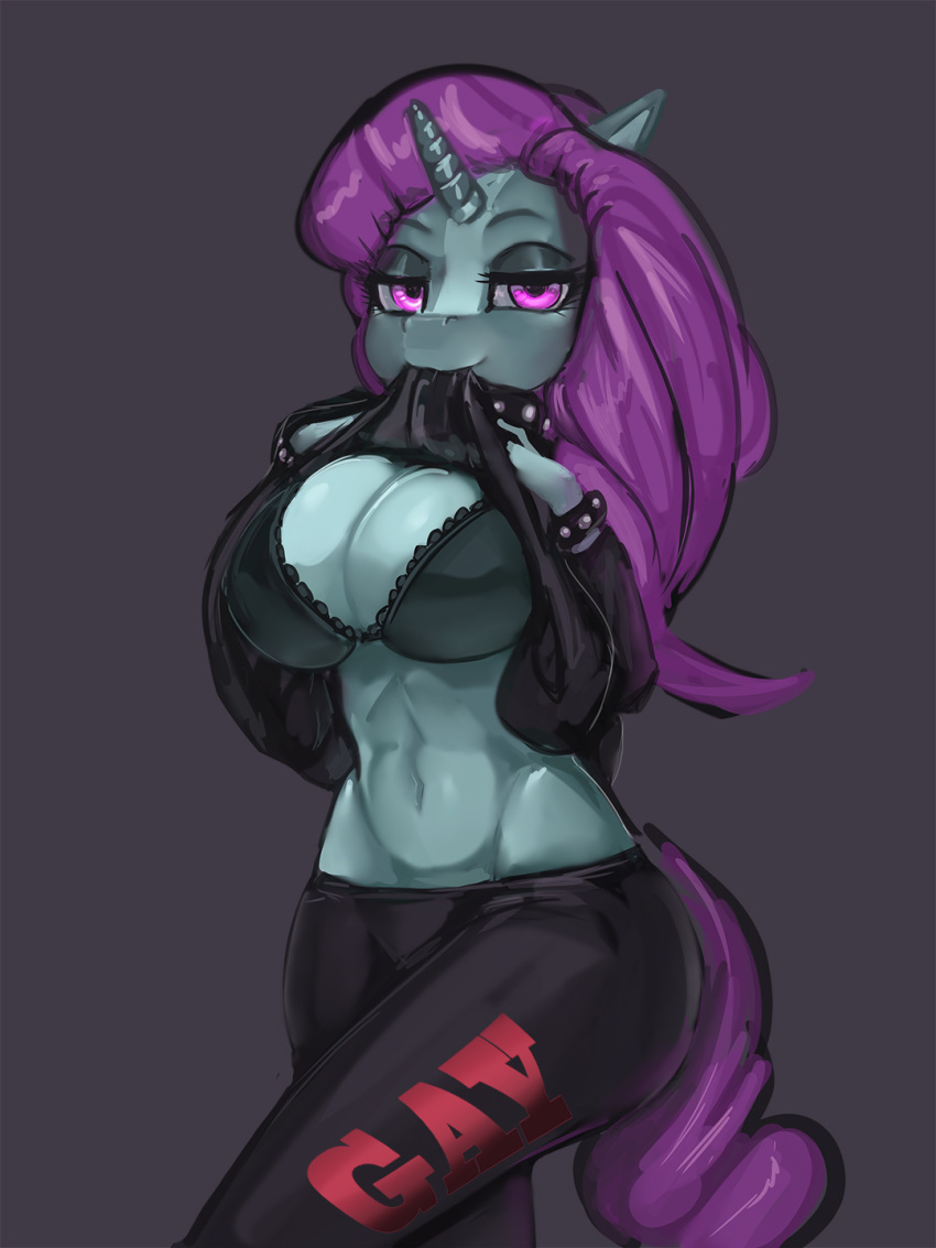 2022 3:4 anthro big_breasts black_bottomwear black_clothing black_pants bottomwear bra breasts clothing clothing_in_mouth collar equid equine female general-irrelevant green_body hair hi_res horn mammal pants pink_eyes pink_hair scoops simple_background smile solo underwear unicorn