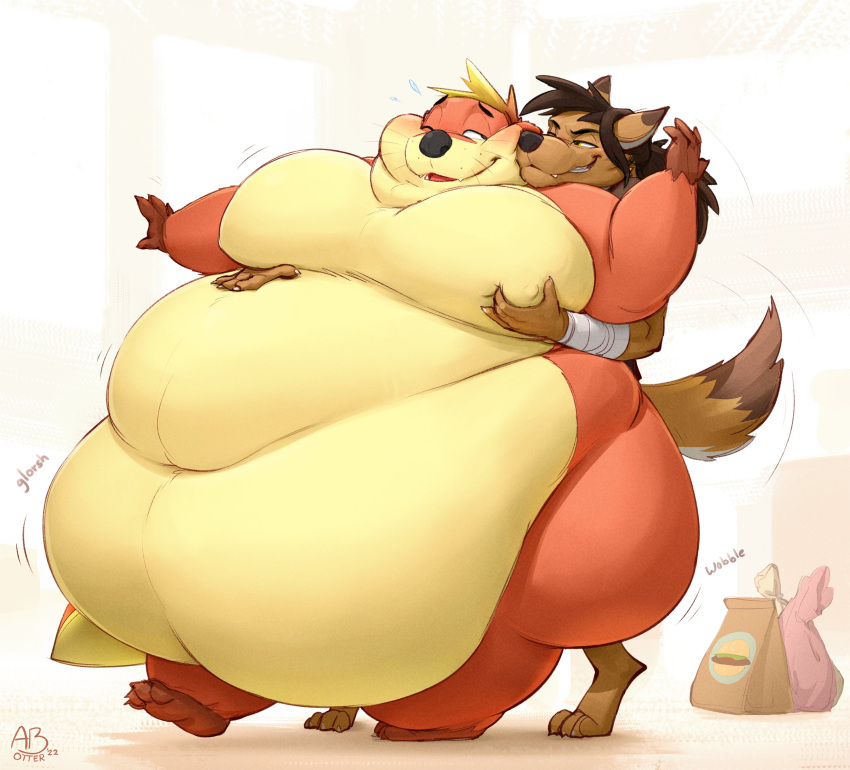 2022 absurd_res abthegreat anthro attius_brightwater_(abthegreat) bandage belly belly_overhang big_belly big_butt blush bodily_fluids brown_body brown_fur butt canid canine canis chubby_cheeks claws coyote cute_fangs double_chin duo embrace fat_rolls female fluffy fluffy_tail fur grin hand_on_stomach hi_res hug huge_butt huge_moobs huge_thighs hugging_from_behind hyper hyper_belly looking_at_another love_handles lutrine male male/female mammal moob_grab moobs morbidly_obese mustelid narrowed_eyes obese orange_body orange_fur overweight paper_bag rubbing_cheek smile solitude_(kazegin) sound_effects standing sweat sweatdrop tan_body tan_fur teasing thick_thighs walking whiskers