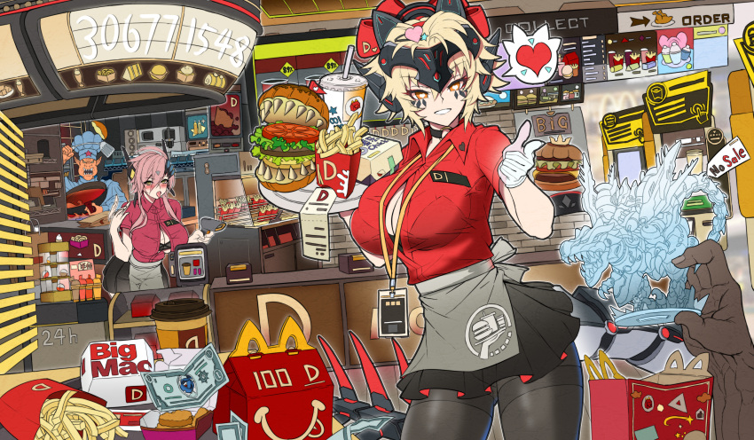 absurdres black_pantyhose black_thighhighs bread_bun breasts burger cheese cup dinomorphia_kentregina dinomorphia_rexterm dinomorphia_therizia dinosaur disposable_cup drink drinking_straw duel_monster fast_food food food_focus french_fries hamburger_steak highres holding holding_food hungry_burger japanese_flag ketchup large_breasts lettuce meat pantyhose plate reptile_girl thighhighs thighs tomato tray yu-gi-oh! yutou_yutou_yu