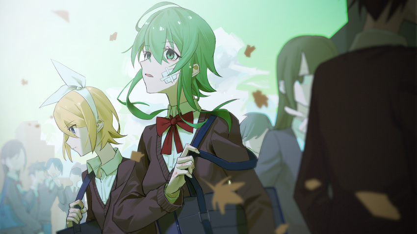 6+girls autumn_leaves bag black_cardigan blonde_hair blue_eyes bow bow_hairband cardigan commentary crowd falling_leaves green_eyes green_hair gumi hair_bow hairband highres kagamine_rin leaf looking_up medium_hair multiple_girls neck_ribbon parted_lips red_ribbon ribbon school_uniform short_hair shoulder_bag sidelocks upper_body vocaloid white_bow wounds404